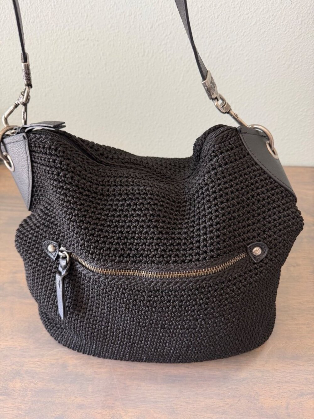 The Sak Women's Black Crochet Bag Purse Large 15" x 12" x 4" Excellent Condition